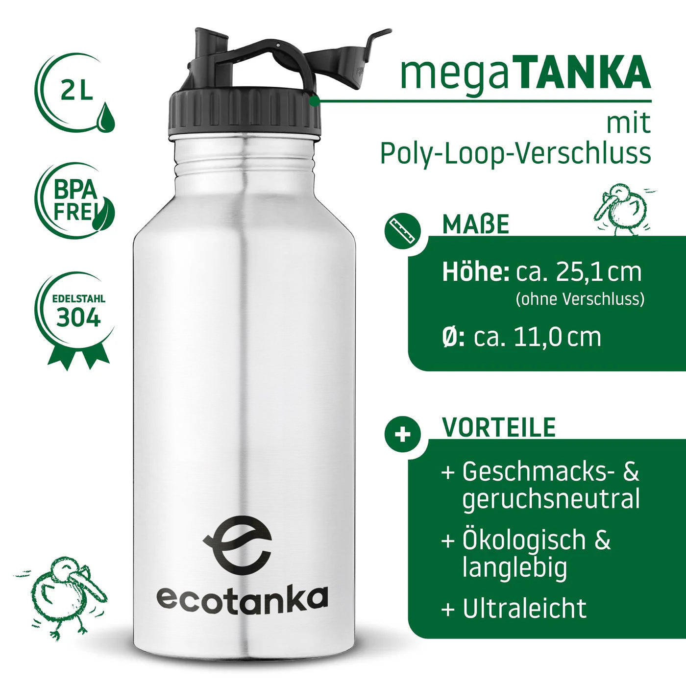 2,0l megaTANKA Edelstahl Trinkflasche mit Poly-Loop-Verschluss