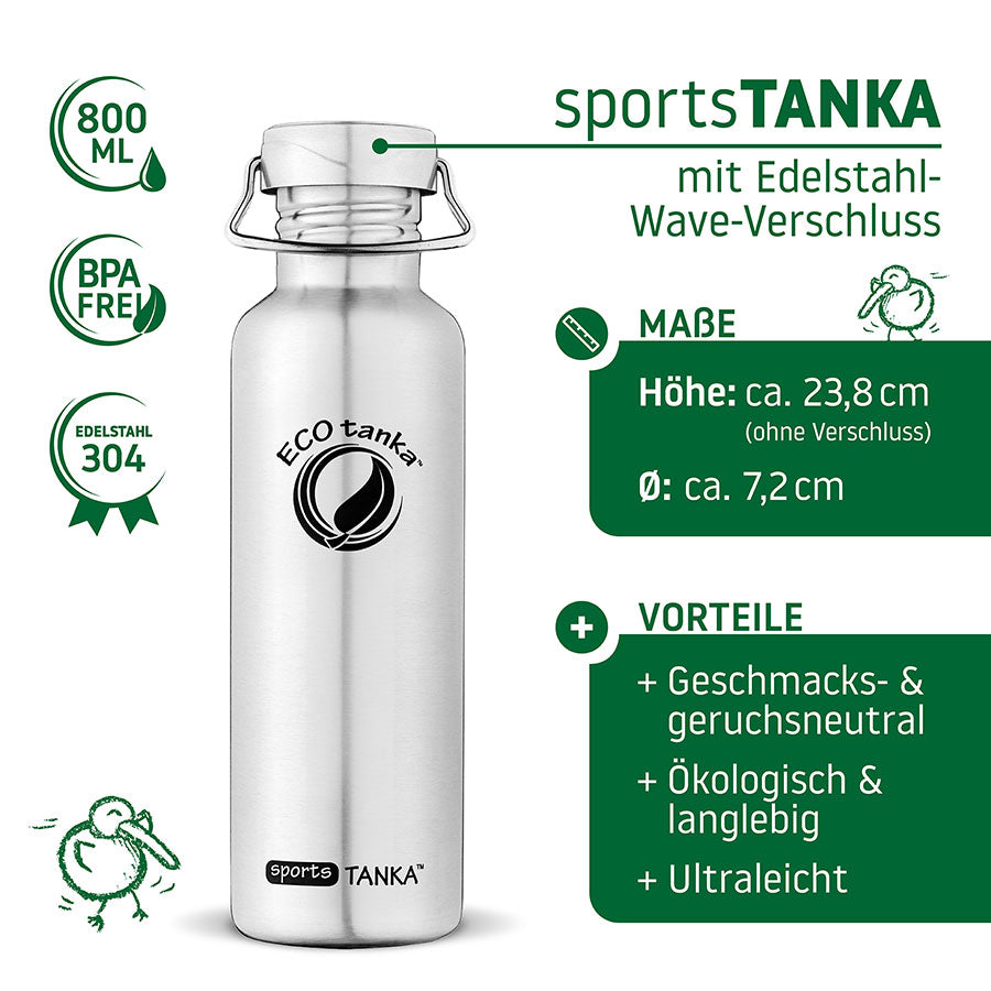 ECOtanka-sportsTANKA-800ml-Edelstahl-Trinkflasche-silber-mit-Wave-Edelstahl-Flachverschluss-mit-Tragegriff Alternativen Text bearbeiten