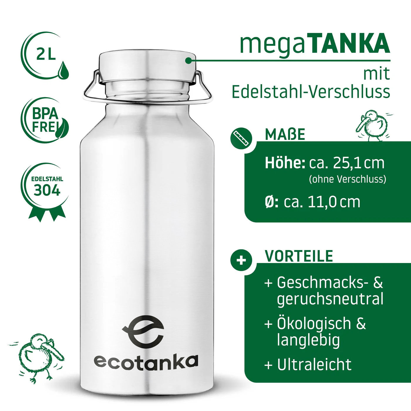 2,0l megaTANKA Edelstahl Trinkflasche mit Edelstahl-Verschluss