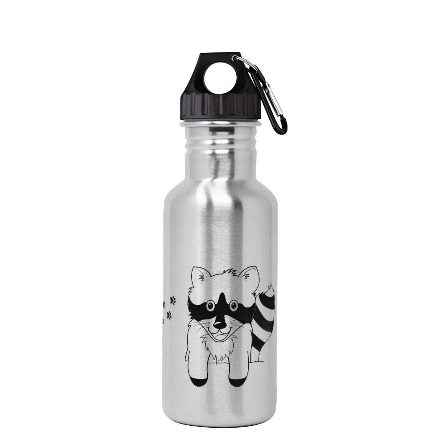 ECOtanka-miniTANKA-600ml-limitierte-Racoon-Sonderedition-Edelstahl-Trinkflasche-silber-mit-Poly-Loop-Verschluss-schwarz-mit-Karabinerhaken