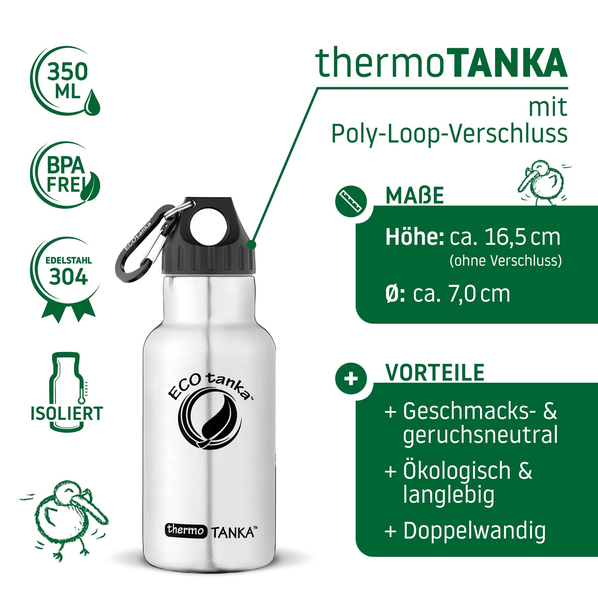 ECOtanka-thermoTANKA-350ml-isolierende-doppelwandige-Edelstahl-Thermo-Trinkflasche-silber-mit-Poly-Loop-Verschluss-schwarz-PP5-Polypropylen-mit-Karabinerhaken