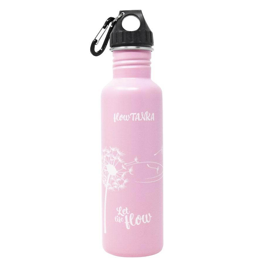 ECOtanka-flowTANKA-800ml-limitierte-Sonderedition-Edelstahl-Trinkflasche-rosa-mit-handgezeichneter-Pusteblume-und-Poly-Loop-Verschluss-schwarz-PP5-Polypropylen-mit-Karabinerhaken